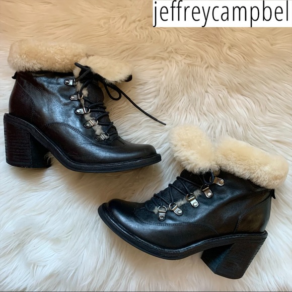 JEFFREY CAMPBELL Shearling Cuff Chunky Lace Up Leather Boots - Picture 3 of 13